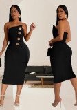 Fashion Sexy Strapless Button Decor Midi Dress