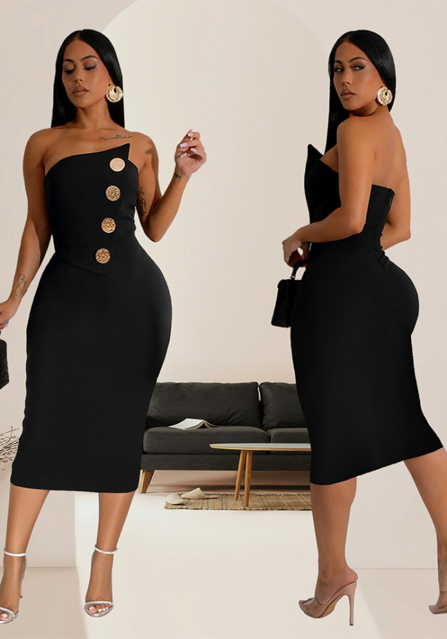Fashion Sexy Strapless Button Decor Midi Dress