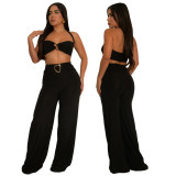 Decor Button Solid Sexy Halter Neck Top and Wide Leg Pants Two Piece Set