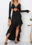 Women Long Sleeve Hollow Out Slit Ruffle Long Dress
