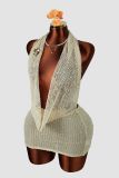 Sexy Knitting Halter Neck Cowl Neck Sleeveless Backless Mini Dress