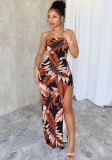 Leaf Print Strapless High Slit Dress Holiday Dress