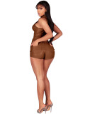 PU Leather Stand Collar Zipper Sleeveless Top and Shorts 2PCS Set