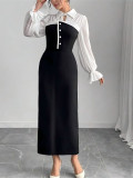 Faux Two-Piece White and Black Long Sleeve Midi Dress
