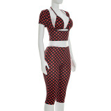 Polka Dot Sexy Print Short Sleeve Capri Three-piece Set