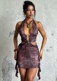 Halter Neck Ribbon Hollow Out Backless Lace-Up Print Sexy Bodycon Dress