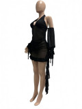Sexy Mesh See-Through Halter Low Back Lace-Up Ruffle Dress
