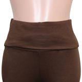 Brown Slim Fit Short Sleeve Top & High Waist Flare Pants Two-Piece Set