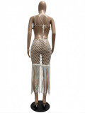 Knitting Crochet Slash Shoulder Sequined Tassel Hollow Out Irregular Beach Dress