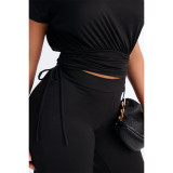 Fashion Slash Shoulder Drawstring Pleated Wide Leg Two Piece Pants Set