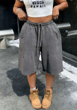 Gray Washed Raw Hem Drawstring Wide Leg Cropped Pants