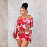 Women Printed Off Shoulder Long Sleeve Lace Up Two Piece Slit Skirt Set