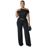 Fashion Slash Shoulder Drawstring Pleated Wide Leg Two Piece Pants Set