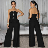 Sexy Strapless Button Low Back Wide Leg Jumpsuit