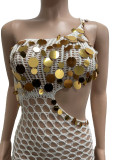 Knitting Crochet Slash Shoulder Sequined Tassel Hollow Out Irregular Beach Dress
