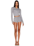 Printed Hooded Long-Sleeve Shorts Thumb Buckle Top and Shorts Two-Piece Set
