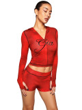 Printed Hooded Long-Sleeve Shorts Thumb Buckle Top and Shorts Two-Piece Set