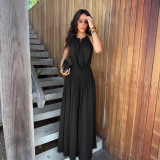 Elegant Halter Neck Backless Pleated Bodysuit Top and Wide-Leg Pants Two-Piece Set