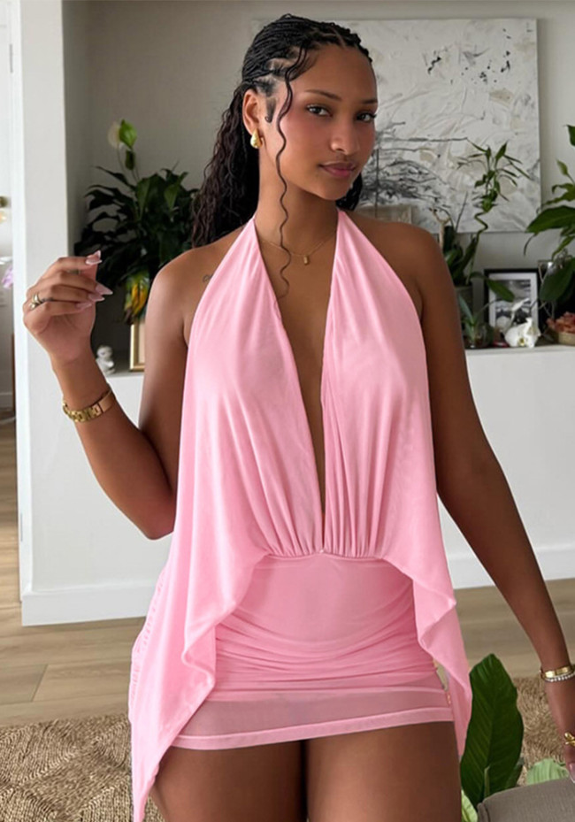 Sexy Mesh Halter Neck Backless Mini Dress Clubwear