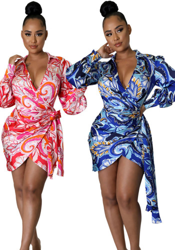 Sexy Printed V-neck Long Sleeve Wrap Dress