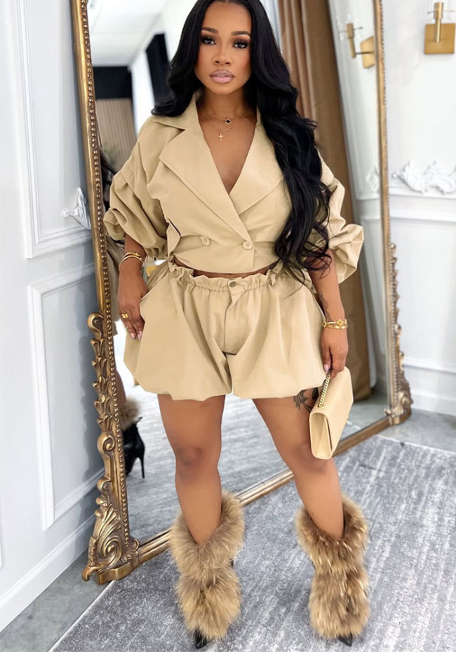 Casual Turndown Collar Crop Top & Bubble Shorts Two-Piece Set