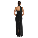 Sexy Shiny Strapless Slit Maxi Dress with Scarf