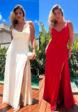 Elegant Cowl Neck Backless Straps Ruffle Slit Maxi Dress