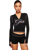 Printed Hooded Long-Sleeve Shorts Thumb Buckle Top and Shorts Two-Piece Set