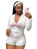 Printed Hooded Long-Sleeve Shorts Thumb Buckle Top and Shorts Two-Piece Set