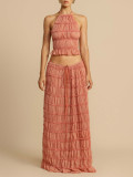 Women's Holiday Pleated Halter Top & Maxi Skirt Two-Piece Set