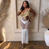 Knitting Crochet Slash Shoulder Sequined Tassel Hollow Out Irregular Beach Dress