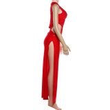 Red Hollow-Out Irregular Slit Party Maxi Dress