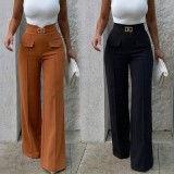 Office Lady High Waist Metal Buckle Wide Leg Straight Pants