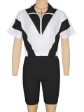 Contrast Color Casual Short Sleeve Top and shorts Sports 2PCS Set