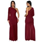 Solid Slash Shoulder Patchwork Maxi Dress