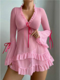 Sexy Lingerie Mesh See-Through Long Sleeve Lace-Up Night Dress Lingerie
