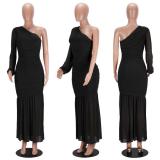 Solid Slash Shoulder Patchwork Maxi Dress
