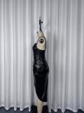 Black PU Leather Strap Ruched Irregular Slit Dress