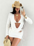 Four-Piece Swimwear Print Mesh Long Sleeve Beach Cover Up Sexy Bikini Set