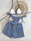 Three Piece Swimwear Knitted Striped Bikini Shorts Set