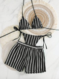 Three Piece Swimwear Knitted Striped Bikini Shorts Set