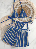Three Piece Swimwear Knitted Striped Bikini Shorts Set