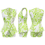 Fashion Printed V-Neck Sleeveless Blazer and Shorts Chic Two Piece Set