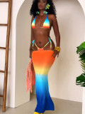 Sexy Three Piece Swimwear Gradient Mesh Skirt Cover-up with Bikini Set