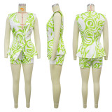 Fashion Printed V-Neck Sleeveless Blazer and Shorts Chic Two Piece Set