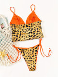Leopard Contrast Color Lace-up Two Piece Bikini Swimwear