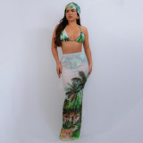 Sexy Beachwear Print Bikini swimwear with Cover-up Skirt Three-Piece Set