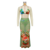 Sexy Beachwear Print Bikini swimwear with Cover-up Skirt Three-Piece Set
