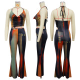 Women Metal Ring Halter Cowl Neck Open-Waist Flare Jumpsuit