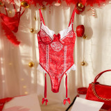 Sexy Contrast Color Floral Lace Garter Teddy Lingerie